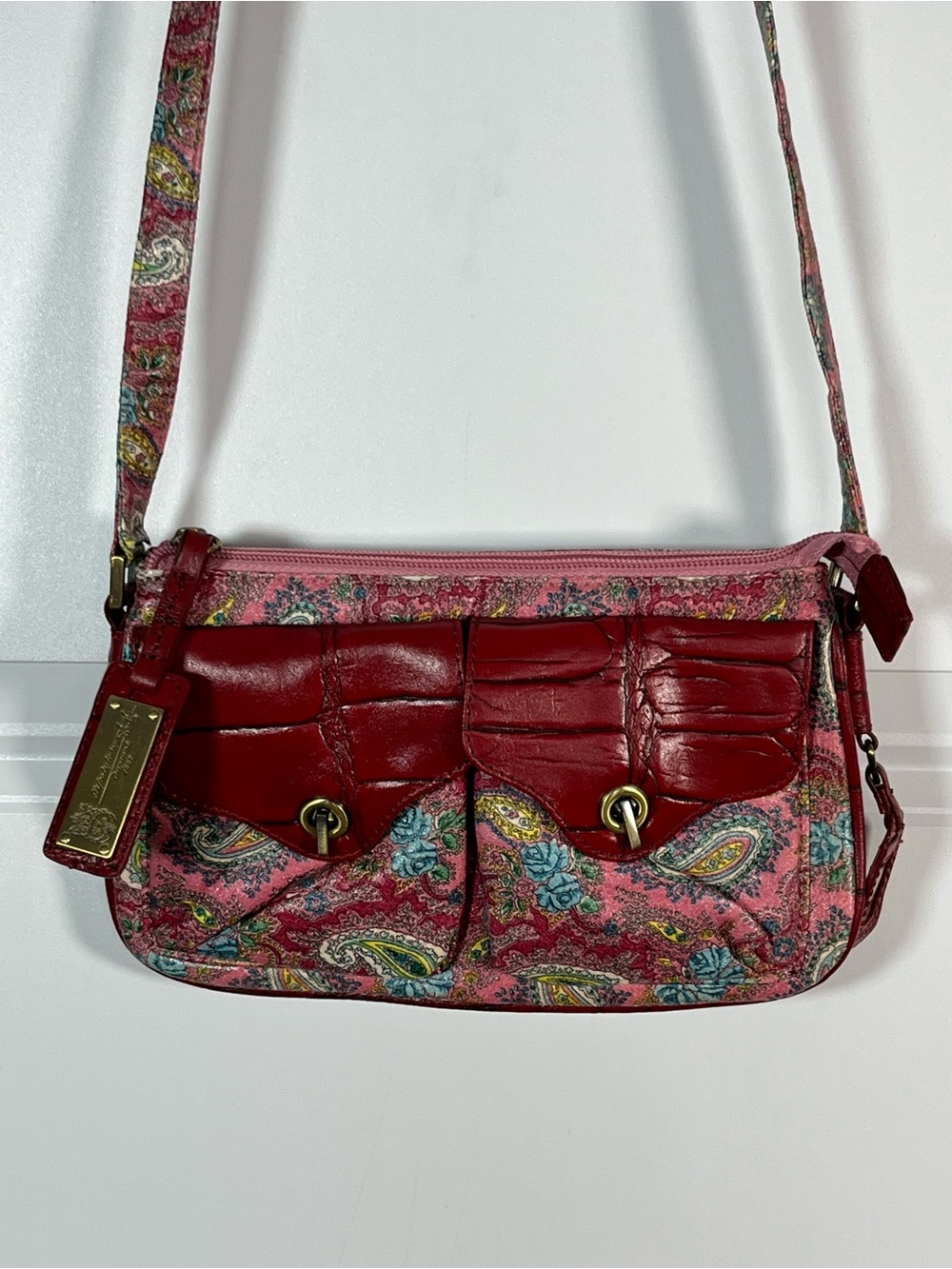Vintage Sharif Studio Crossbody Bag Pink Paisley Genuine Leather Trim